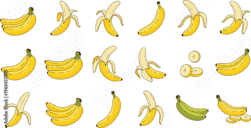 Banana vector set with ripe stages peeled and sliced variations. Includes green and yellow tropical fruit illustrations in flat style. Perfect for food design, grocery, and packaging projects.