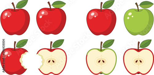 Apple vector set with red and green variations. Whole bitten and sliced fruit illustrations in flat style. Perfect for food design, grocery, packaging, and healthy lifestyle concepts.
