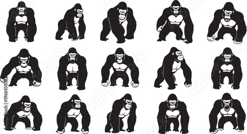 Collection of gorilla illustrations in various poses and movements