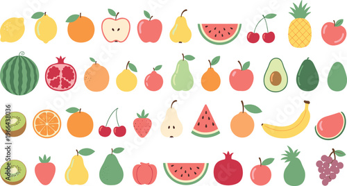 Flat fruit vector set with simple colorful icons. Collection of fresh and tropical fruits in minimal style. Ideal for food design, apps, grocery, and healthy lifestyle visuals.