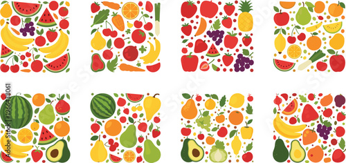 Colorful fruit pattern vector set with seamless style compositions. Mixed tropical and fresh fruits arranged in square layouts. Perfect for backgrounds, packaging, textiles, and food design projects.