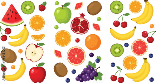 Fresh fruit vector set collection. Colorful tropical and citrus fruits including banana apple kiwi orange grape and pomegranate. Flat style icons for healthy food and grocery design.