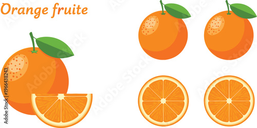 Orange fruit vector illustration set. Whole oranges and sliced citrus pieces with leaves in flat style. Fresh fruit elements for juice and healthy food design.