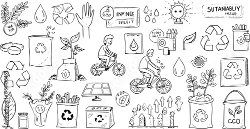 Black and White Line Art Doodle Icons: Sustainability, Recycling, Eco-friendly Lifestyle, Nature, Energy
