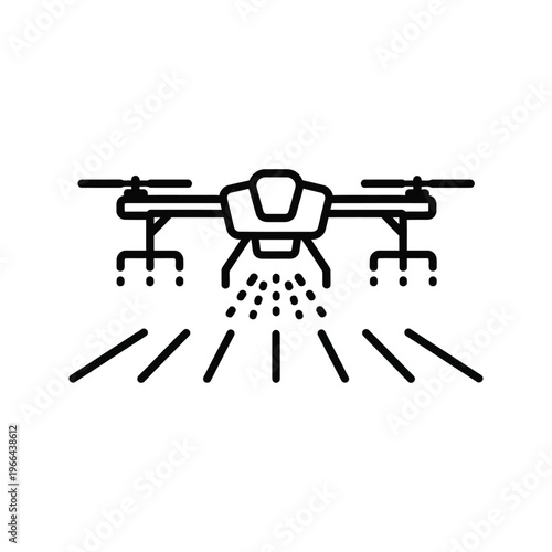 Simple line art icon of an agricultural drone spraying liquid, representing smart farming, precision agriculture, and modern technology.