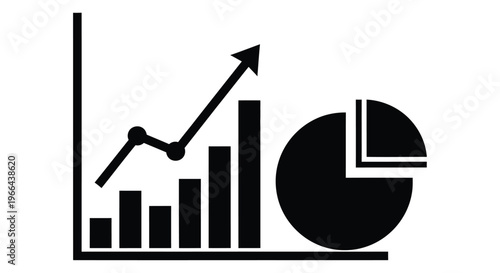 Black and white graphic depicting business growth with charts and a pie chart