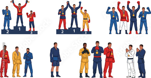 Martial Arts Competition Vector Set Illustrations Featuring Fighters on Podiums, Sparring, and Posed in Gi Uniforms with Medals for Sports, Combat, and Training Designs