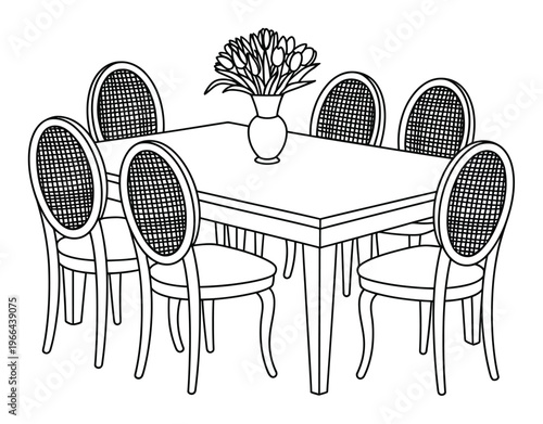 Dining Table with Six Chairs Vector Illustration