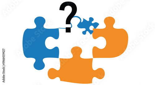 Colorful puzzle pieces connect with a missing piece represented by a question mark