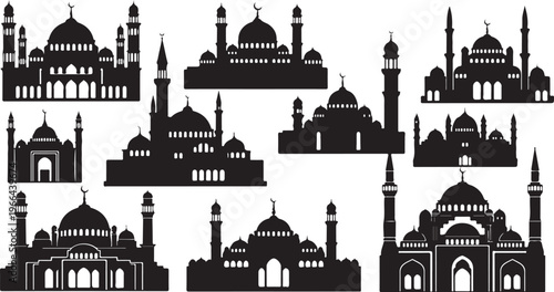 Collection of mosque silhouettes in black and white illustration style