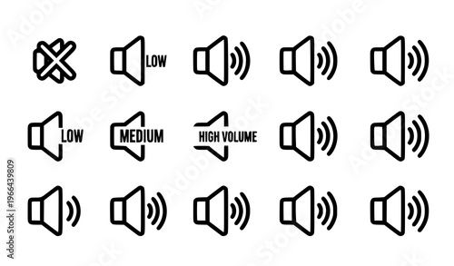 Minimal speaker volume icons set isolated on white background for audio control and UI design