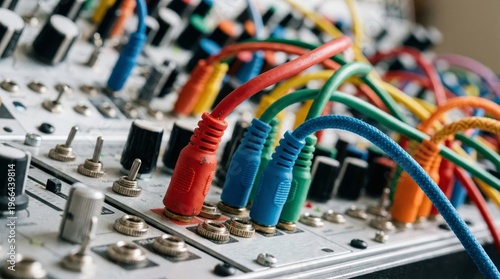 Modular synthesizer patch bay with tangled colorful audio cords