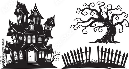 Black and white haunted house with fence and tree illustration