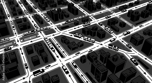 Aerial View of a City at Night with Illuminated Streets and Buildings.