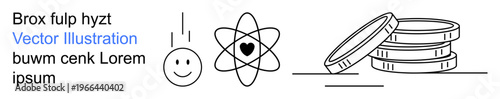 Science, happiness, finance, conceptual art, minimalism, and balance. happy face, atomic symbol with heart and coin stack. Science and happiness themed with a focus on conceptual art