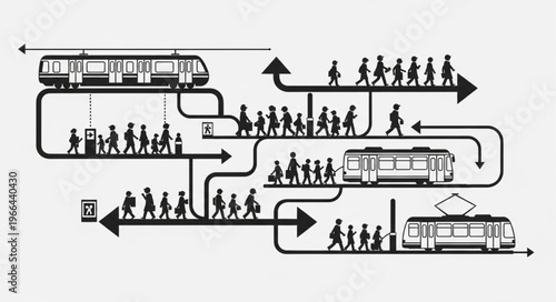 Abstract Illustration of Urban Commuting and Public Transportation Systems.