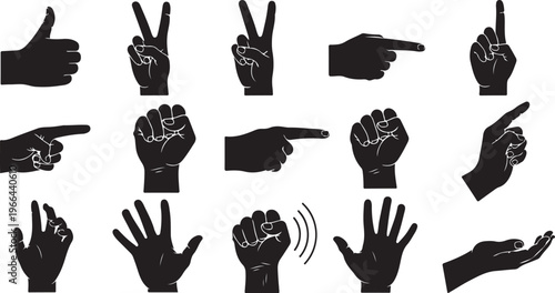 Various Hand Gestures and Signs in Black Silhouette Vector Graphics