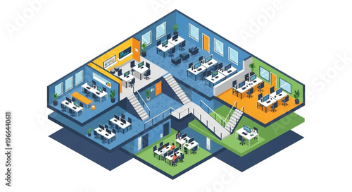 Isometric Office Space Design with Multiple Workstations and Levels.