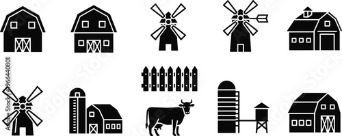Black Farm Icon Set Featuring Barns Windmills Silos Cow and Fence Vector Symbols for Agriculture Rural Industry and Organic Farming