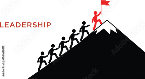 Business Leadership Concept with Red Leader Character Holding Flag on Mountain Peak While Diverse Team Climbs Upward to Achieve Success
