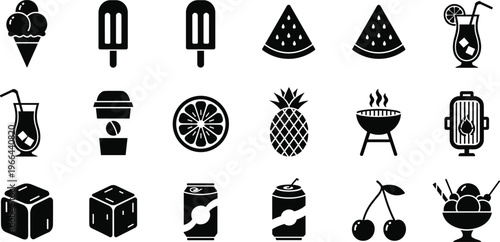 Black vector icon set featuring summer food and drinks including ice cream popsicles watermelon slices cocktails pineapple barbecue and cherries.