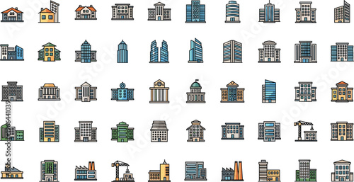 Flat vector icon set featuring diverse city buildings architecture including houses office skyscrapers factories government institutions and industrial construction site facilities.