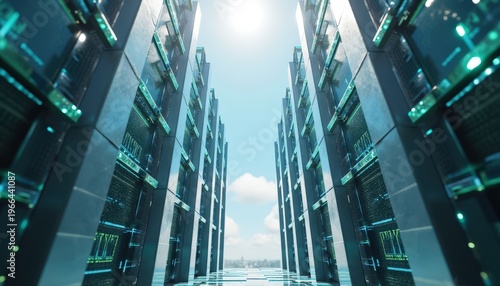 Abstract Digital Server Room with Rows of Racks Under Bright Sunlight and Blue Sky with Clouds Seamless Futuristic Data