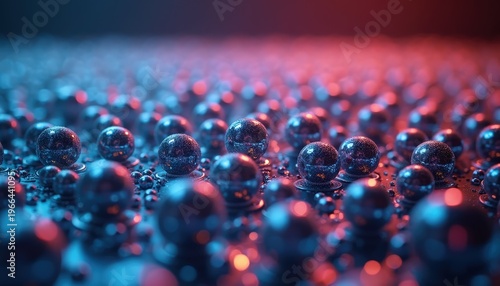 Abstract Arrangement of Spheres with Red and Blue Lighting Creating a Mesmerizing Bokeh Effect and a Futuristic
