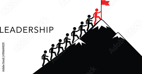 Red Leader Figure Planting Flag on Mountain Peak While Helping a Diverse Team of People Climb Upward to Achieve Success