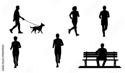 People Walking and Running Silhouette Set Featuring Dog Walking, Jogging, Standing, and Sitting on Bench Urban Lifestyle Activities for Fitness and Daily Life Design