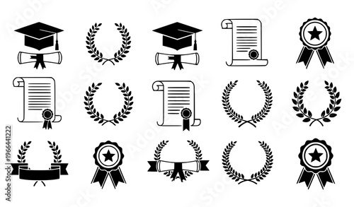 Education and Award Icon Set Featuring Graduation Caps, Diplomas, Certificates, Laurels, Medals, and Academic Achievement Symbols for School and Recognition Design