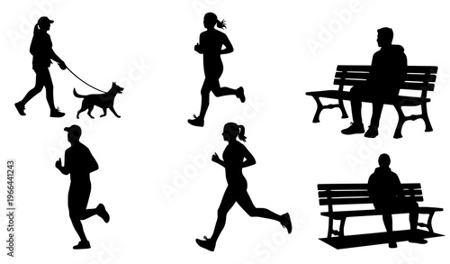 Active Lifestyle and Outdoor Silhouette Set Featuring Walking Dog, Running People, Park Bench Sitting, and Urban Fitness Activities for Health and Recreation Design