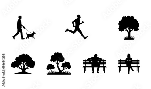 Outdoor Park and Lifestyle Silhouette Set Featuring Walking Dog, Running Person, Trees, Benches, and Relaxing Urban Nature Scenes for Recreation and City Design