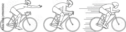 Set of Professional Cyclist Line Art Illustrations Featuring Road Bike Racing Positions Aerodynamic Posture Speed Motion Lines and Athlete Competition Icons