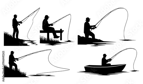 Fishing Silhouette Collection Featuring Anglers with Rod on Shore, Pier, Boat, and Lakeside Scenes Showing Outdoor Recreation, Hobby, and Nature Lifestyle Concepts