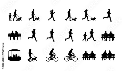People Daily Activities Silhouette Set Featuring Walking, Running, Cycling, Pet Walking, Family Interaction, and Urban Lifestyle Scenes for Social and City Life Design