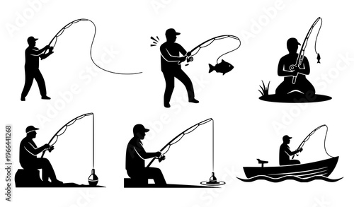 Fishing Activity Silhouette Set Featuring Anglers Catching Fish with Rod, Boat Fishing, Lakeside Scenes, and Outdoor Recreation Concepts for Nature and Hobby Design