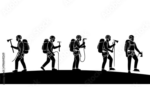 Hiking and Trekking Silhouette Set Featuring Backpackers Walking with Gear, Mountain Adventure, Outdoor Exploration, and Travel Journey Concepts for Nature Design