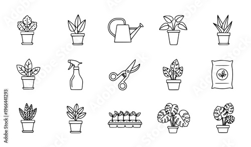 Indoor Plant Care and Gardening Line Icon Set Featuring Potted Plants, Watering Can, Spray Bottle, Pruning Scissors, Fertilizer, and Home Garden Symbols for Botanical Design