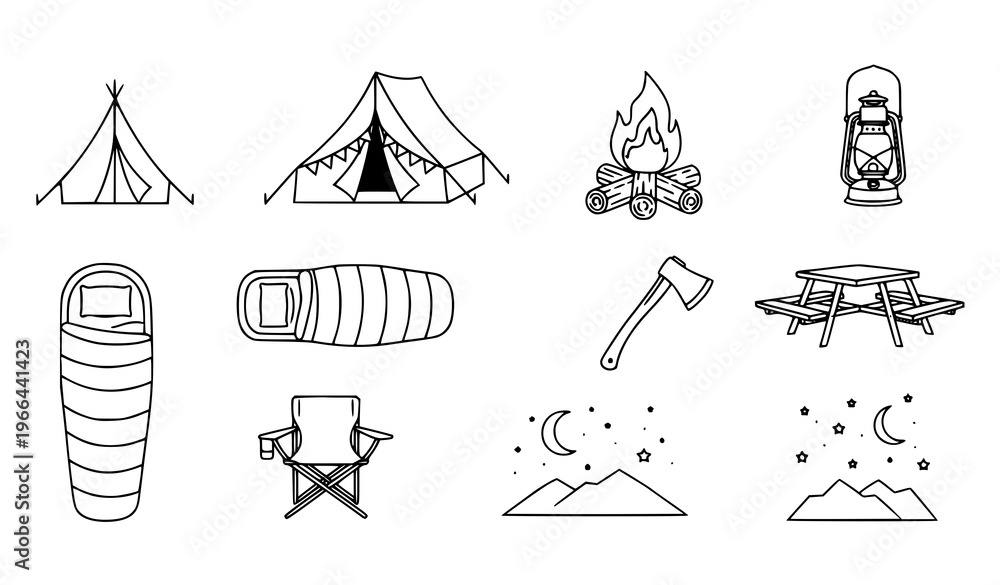 Fototapeta premium Camping and Outdoor Adventure Line Icon Set Featuring Tent, Campfire, Sleeping Bag, Lantern, Axe, Chair, Table, and Night Landscape Symbols for Travel and Nature Design