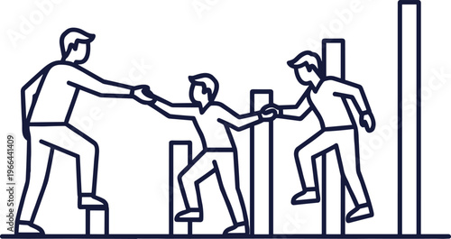 Vector line illustration showing teamwork and support as people help each other climb bar charts representing business growth and success.