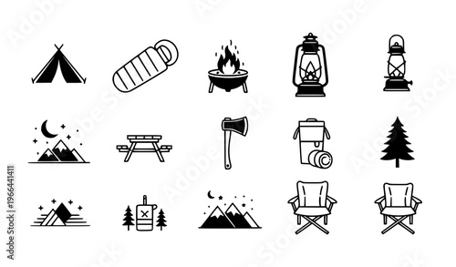 Camping and Outdoor Adventure Icon Set Featuring Tent, Campfire, Lantern, Sleeping Bag, Axe, Chair, Mountains, and Nature Symbols for Travel and Exploration Design