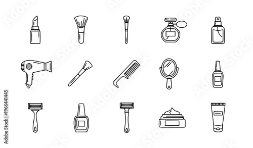 Beauty and Cosmetics Line Icon Set Featuring Makeup Tools, Skincare Products, Perfume, Razor, Brush, and Personal Care Essentials for Salon and Fashion Design