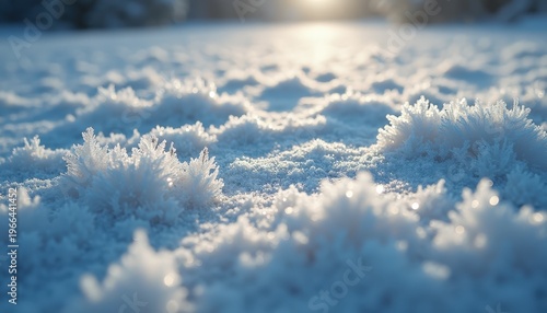 Close-up of delicate frost crystals sparkling in the warm morning sunlight on a snow-covered ground creating a serene