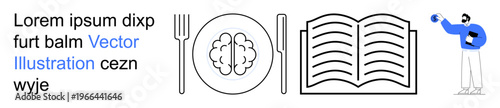 Education, brain health, healthy eating, research, lifestyle balance, inspiration. A brain on a plate, an open book and a creative figure. Brain health and education concepts