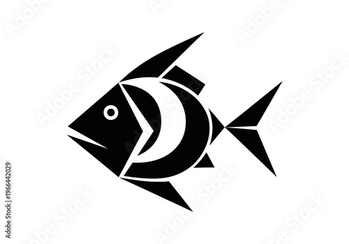 A geometric fish illustration features sharp polygons and smooth arcs on a white background.