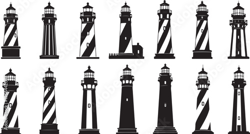Collection of various lighthouse silhouettes and striped tower illustrations
