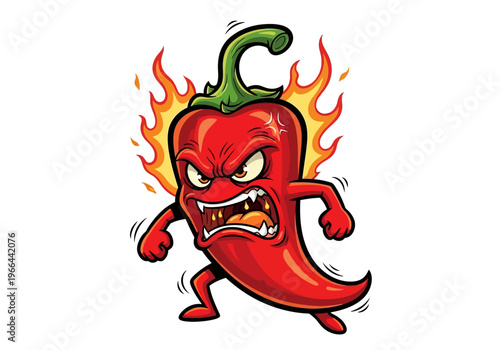 Aggressive chili pepper character runs with flames on white background in comic style