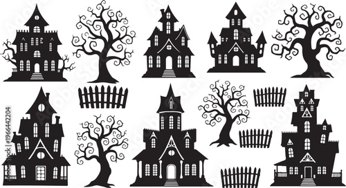 Halloween houses and trees in black silhouette on white background