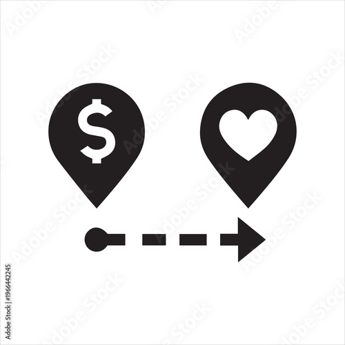 Money to heart path icon. Financial support and charitable donation flow. Monochrome black and white symbol